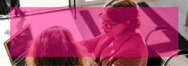 People talking inside an office about a commercial agreement. Above is a magenta box with the text Commercial.