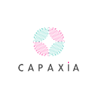 Capaxia logo, the letters are black and the top center shows four groups of people that together form a circle, the illustration is blue and pink.
