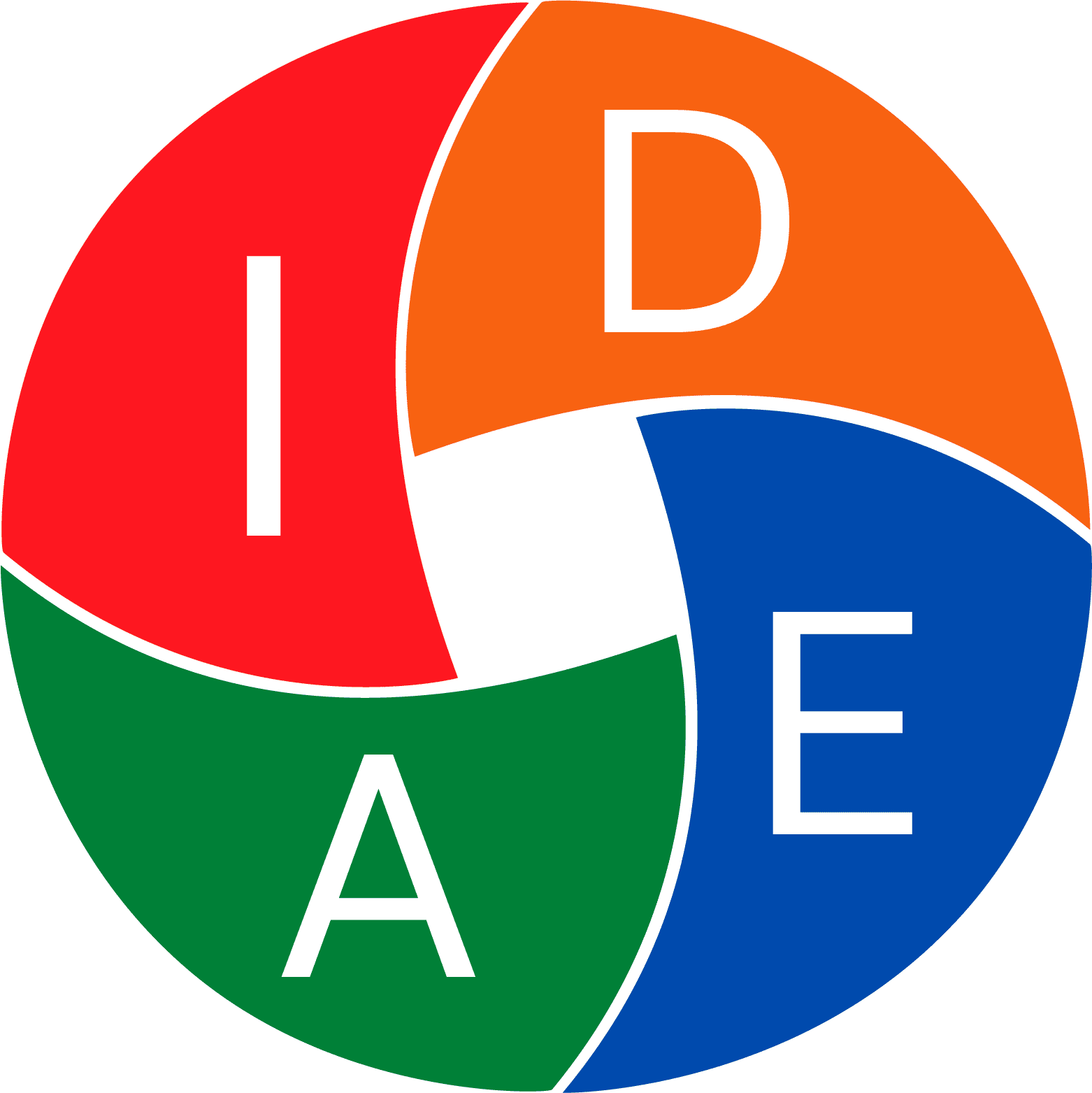 Squares with the word IDEA. One square for each initial of the four letters of IDEA. I in a red square, D in an orange square, E in a blue square and A in a green square.