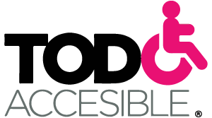 Todo Accesible logo in black and gray. The last letter o of the word todo, represents a person in a wheelchair, where the letter is the chair and above is the icon of a seated person, both elements are magenta