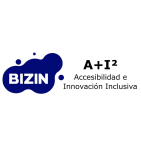 On the left side there is a blue spot with three small blue circles around it, the spot contains the word Bizin.  On the right side, at the top is a letter A, a plus sign and a letter I which in turn has the number two which simulates a power of the letter, below that group of letters is the text, which reads: accessibility and inclusive innovation.