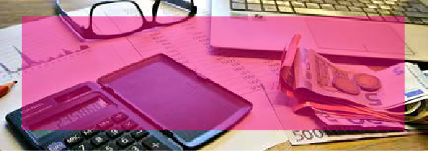 Elementos representativos de un área contable encima de un escritorio, como:  una calculadora, hojas con gráficas y dinero en efectivo. Encima viene un recuadro magenta con el texto “Económicos”