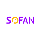 Logotipo de Sofan, las letras son de color morado con excepción de la letra “o”, que es de color amarillo.