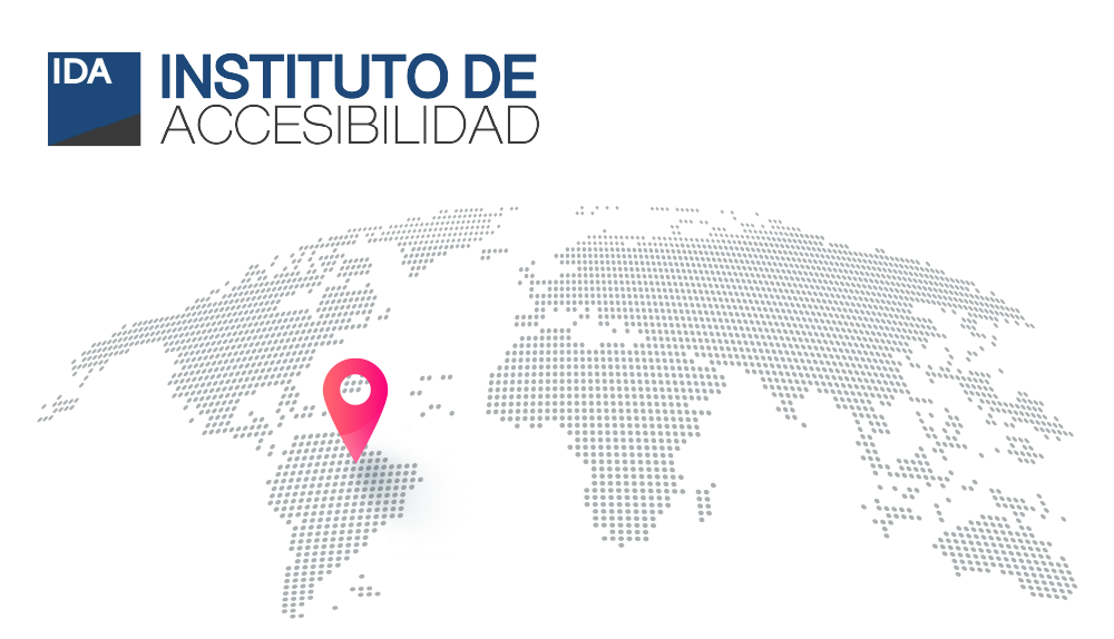 Logo de IDA (Instituto de accesibilidad). Representación cartográfica del mundo con un marcador señalando Argentina.