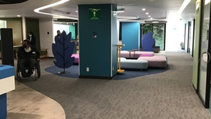 The image shows an office where a person in a wheelchair moves around easily. The floor is brown and has a carpet texture. Low blue and pink sofas are visible. The walls are colorful, creating a harmonious and accessible environment. There is adequate lighting provided by the lights, and sliding glass doors leading to another office can be seen.